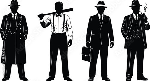 Gangster, silhouette, vintage, suit, fedora, briefcase, bat, cigarette, noir, mobster, style, pose, retro, shadow, character, attitude, black, graphic, fashion, 