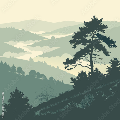 Abstract translucent misty mountain plateau landscape vector graphic, atmospheric and serene
