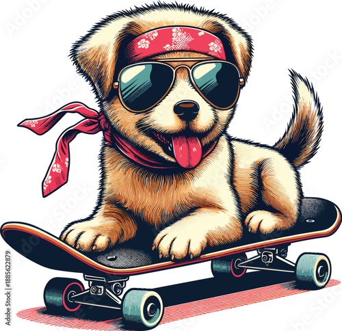 Cute puppy wearing aviator sunglasses and red bandana on a skateboard, retro vintage illustration style, cool golden retriever skating mascot.