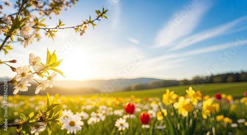 Wallpaper Mural A vibrant field of daisies and tulips under a clear blue sky with fluffy white clouds. Torontodigital.ca