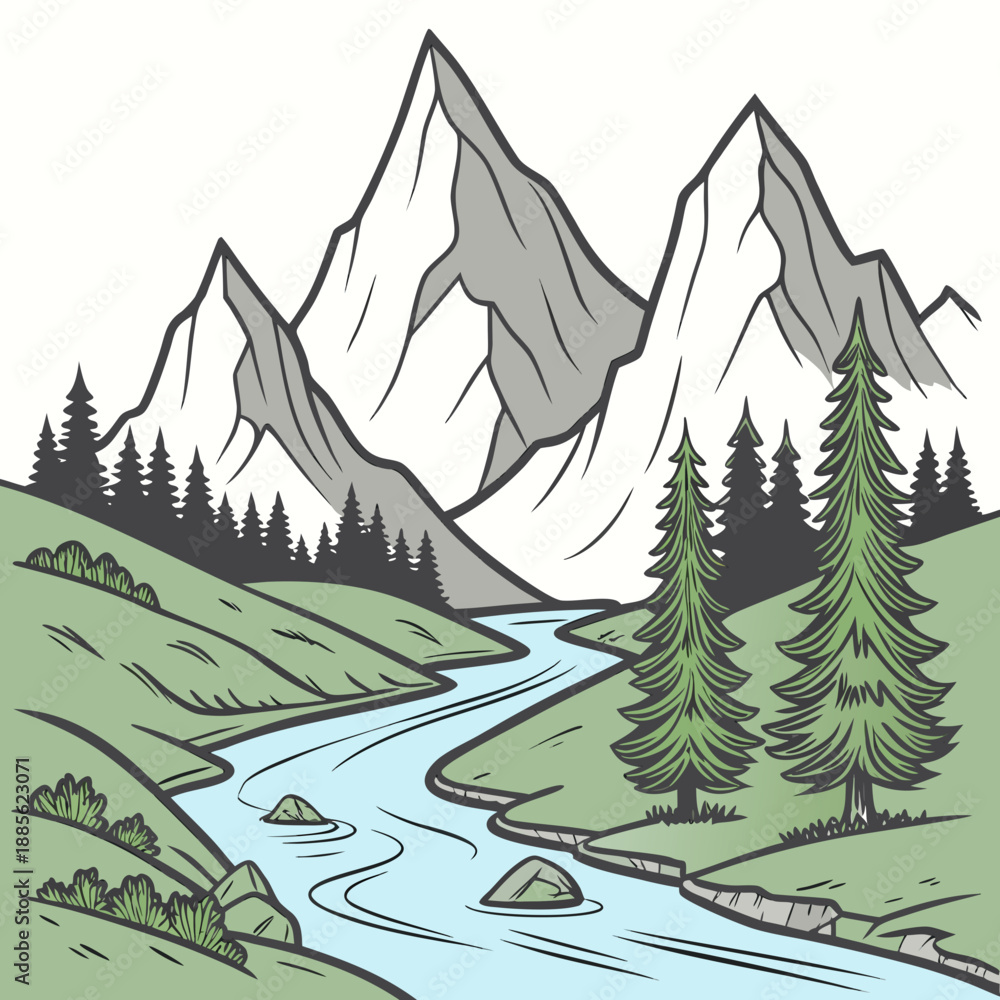 Fototapeta premium Clean infographic vector illustration of a river flowing through mountains, landscape design element