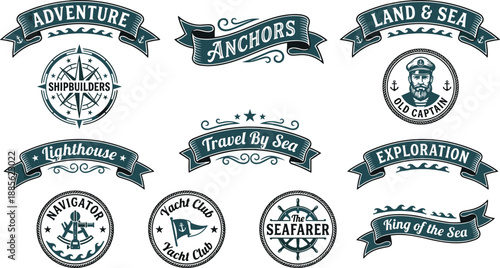 Vintage nautical badge collection featuring anchors, ship wheels, lighthouses, and sailor emblems for maritime branding, sailing clubs, ocean travel, and sea exploration themes.