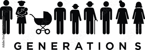 Generations silhouettes showing people life stages from newborn to elderly, family age progression concept isolated on white background vector illustration