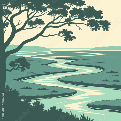 Abstract top view of a river delta landscape, graphic vector art with organic shapes and fluid lines