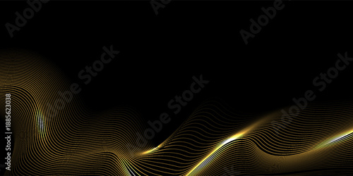 Abstract Gold Waves. Shiny golden moving lines design element with glitter effect on dark background for greeting card and disqount voucher.