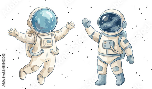 Cartoon-style illustration of two astronauts floating in space with white background and star accents, perfect for space-themed design or educational content.