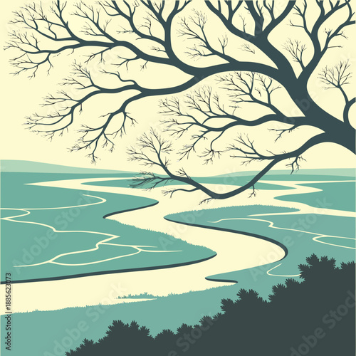 Abstract top view of a river delta landscape, graphic vector art with organic shapes and fluid lines