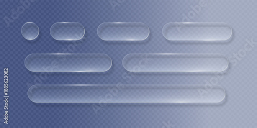 Transparent glass buttons. Liquid glass design elements with morphism effect. Modern digital interface icons for web and app design with rounded frame and subtle shadow. Vector illustration.