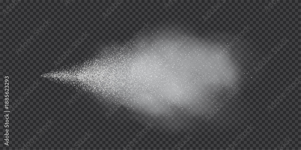 Fototapeta premium Spray splatter texture background. White droplets spreading outward into dispersed dots with smoke cloud on transparent backdrop. Dynamic aerosol flow. Minimal abstract vector illustration.