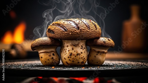 Grilled portobello mushrooms on firewood with smoke in rustic kitchen