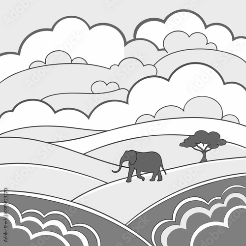 Abstract rolling cloudscape landscape where clouds form geometric shapes, serene vector art