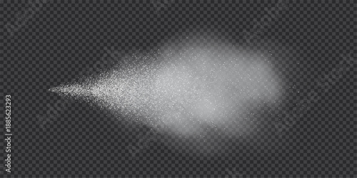 Spray splatter texture background. White droplets spreading outward into dispersed dots with smoke cloud on transparent backdrop. Dynamic aerosol flow. Minimal abstract vector illustration.