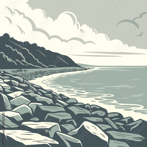 Angular vector graphic of a rocky coastline landscape, abstract geometric sea and rock shapes
