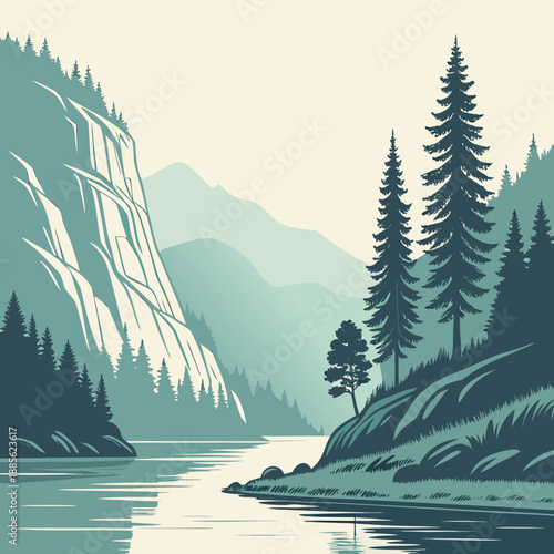 Muted flat vector Scandinavian fjord landscape with gentle water and distant mountains, peaceful nature scene.