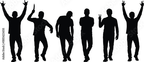 Human silhouette poses, standing gestures, body language icons, black figure art, expressive posture, vector design, communication, motion, minimal style