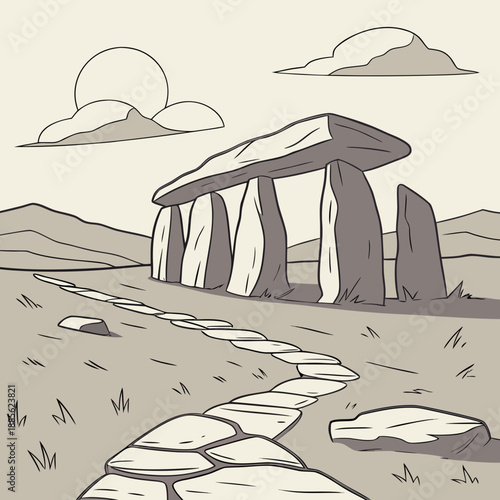 Stone plateau landscape with ancient abstract shapes in a minimalist vector style, earthy and textured.