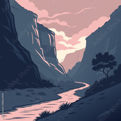Stylized canyon shadow landscape using long horizontal vector lines, dramatic desert geology with contrast.