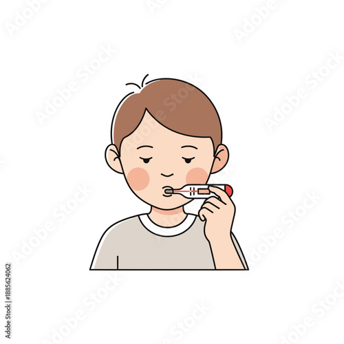 Young boy measuring temperature while feeling unwell at home  