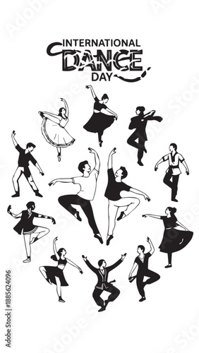 International Dance Day celebration featuring multiple silhouettes of dancers in dynamic motion.