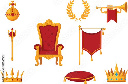 Royal medieval symbols vector set with golden crowns, throne chair, scepter, trumpet, banners and heraldic elements isolated on white background for fantasy design
