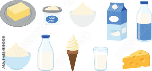 Dairy products vector set with milk, cheese, butter, sour cream, yogurt, ice cream and creamy food items isolated on white background for nutrition and grocery design