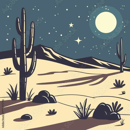 Mystical desert night landscape with a stylized star pattern and glowing celestial elements, vector illustration.