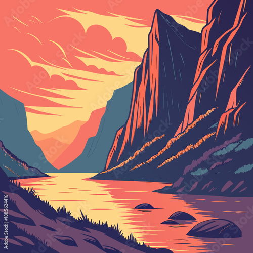 Dramatic fjord sunset landscape with angular, geometric vector shapes and vibrant orange and purple hues.