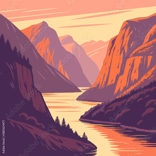 Abstract fjord sunset with angular, geometric vector forms in striking orange and purple tones.