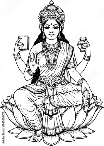 Goddess Saraswati sitting on lotus holding book and water pot, line art vector illustration for Hindu religious and education design
