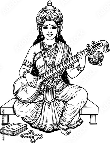 Goddess Saraswati sitting on pedestal playing Veena with book and prayer beads line art vector illustration for Vasant Panchami and education design