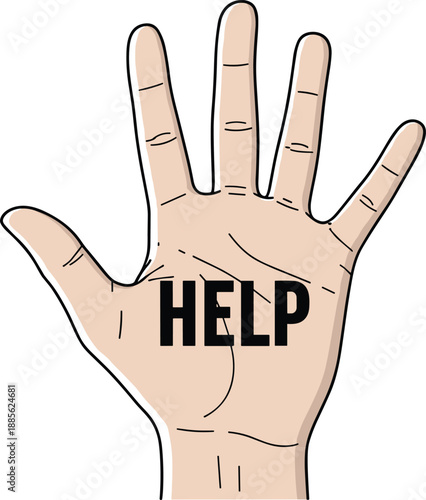 Open human hand with help text, asking for assistance emergency support concept, stop violence and request aid isolated white background vector illustration