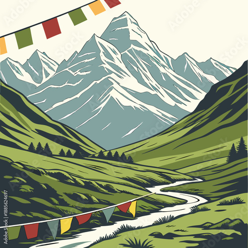 Majestic Himalayan landscape with exaggerated scale, stylized peaks and dramatic, layered vector elements.