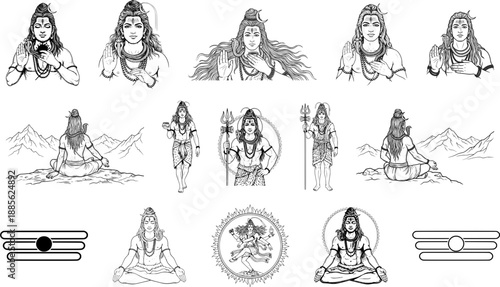 Lord Shiva vector illustration set in detailed black and white line art style, featuring multiple depictions 