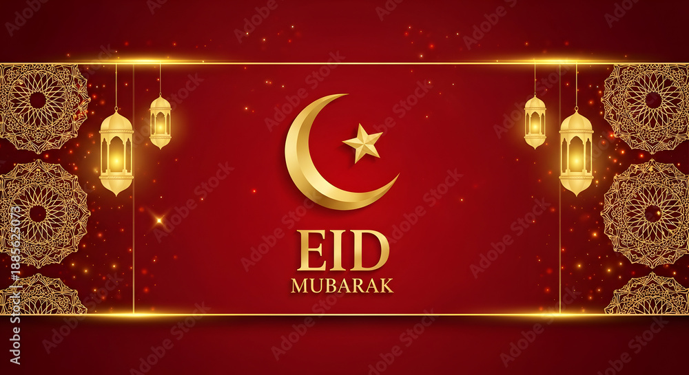 Naklejka premium Eid mubarak celebration with crescent moon and lanterns