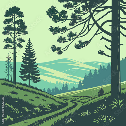 Stylized pine valley landscape rendered with sharp, triangular vector shapes and a cool, crisp color scheme.