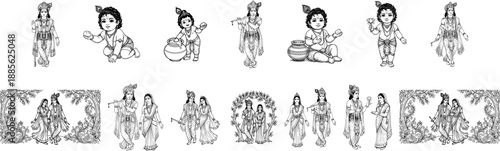 Lord Krishna and Radha Krishna Mega Collection Set, Baby Bal Krishna with Lotus and Butter Pot, Decorative Borders, Black and White Line Art Vector for Janmashtami and Indian Wedding Graphics