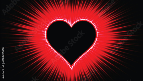 A striking digital graphic featuring a solid black heart shape outlined with a bright red neon glow. Intense red light rays emanate outwards from the heart against a completely black background.