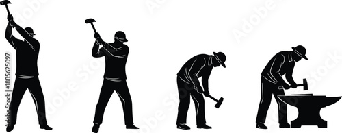Blacksmith Work Process Silhouette Illustration Showing Hammering Stages, Traditional Metal Forging Sequence, Craftsman Labor Concept Isolated on White Background