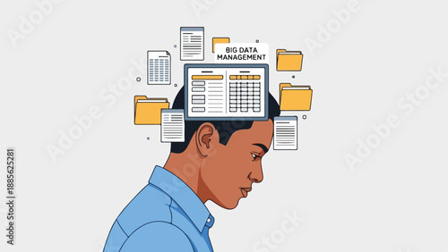Man's head filled with documents and folders representing big data management and information overload concept