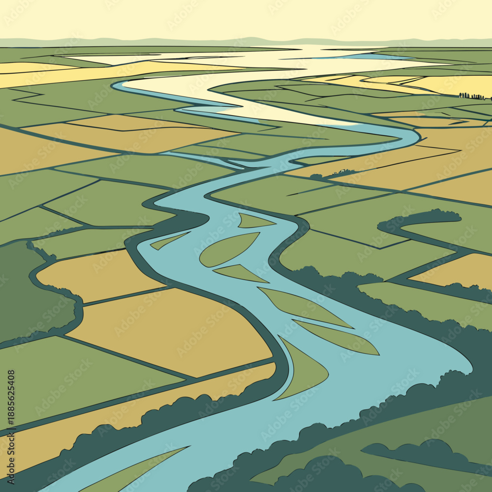 Obraz premium Stylized river delta from aerial view, abstract organic vector shapes, serene flowing water landscape