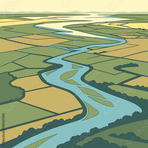 Stylized river delta from aerial view, abstract organic vector shapes, serene flowing water landscape