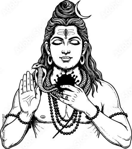 Lord Shiva vector illustration in detailed black and white line art style, depicted in frontal view with blessing hand gesture while holding a sacred poison, referencing the Samudra Manthan story