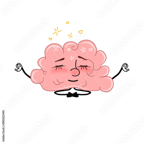 Vector illustration of a sympathetic brain meditating while seated and focused, surrounded by sparkles.