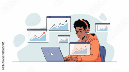 Dedicated professional analyzing business growth, financial data, and market trends on a laptop, surrounded by digital charts displaying upward progress.