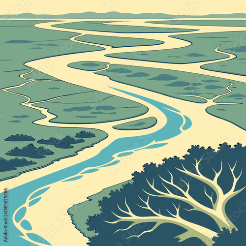 Stylized river delta landscape, abstract organic vector forms, flowing water patterns from above