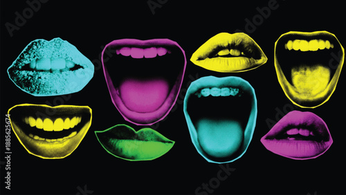 A collection of stylized mouths and tongues rendered in bright, contrasting neon colors like cyan, magenta, yellow, and green, set against a solid black background.