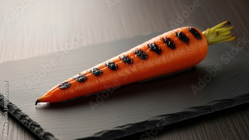 Fresh grilled corn cob with charred kernels on slate board background