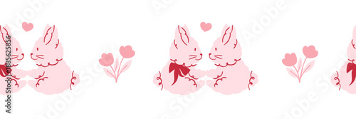Seamless border frame with rabbits in love for Valentine's Day decor. Decorative border in soft pink tones. Vector hand drawn illustration for cards, invitations, headers, Washi tape, scrapbooking