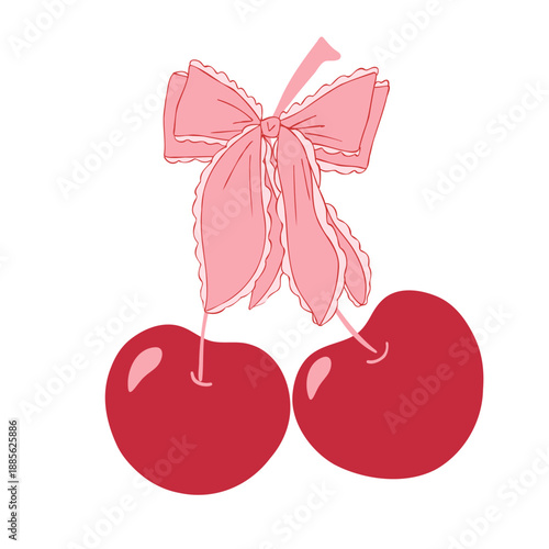 Red cherries with a vintage elegant tied bow. Isolated print for Valentine's Day, birthday, food decor. Hand drawn whimsical vector cherry illustration. Template for sticker, web, logo, postcard