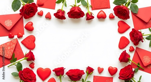 A heartwarming arrangement of roses, hearts, and envelopes in a circular frame on a white background, viewed from above, conveying love and affection